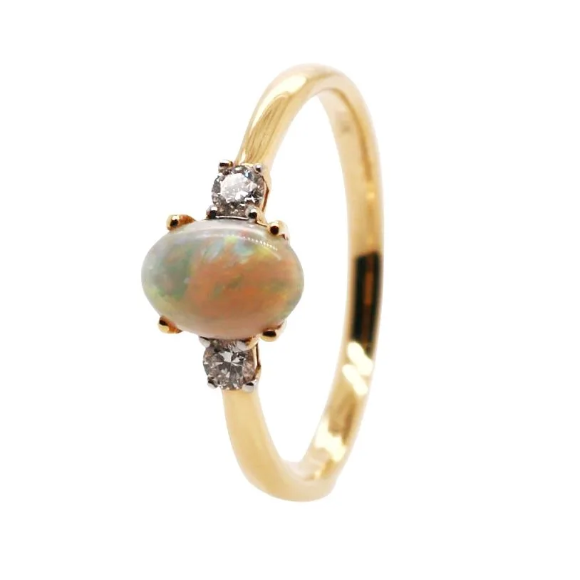 18ct Yellow Gold 0.64ct Oval Cut Opal and Diamond Trilogy Ring