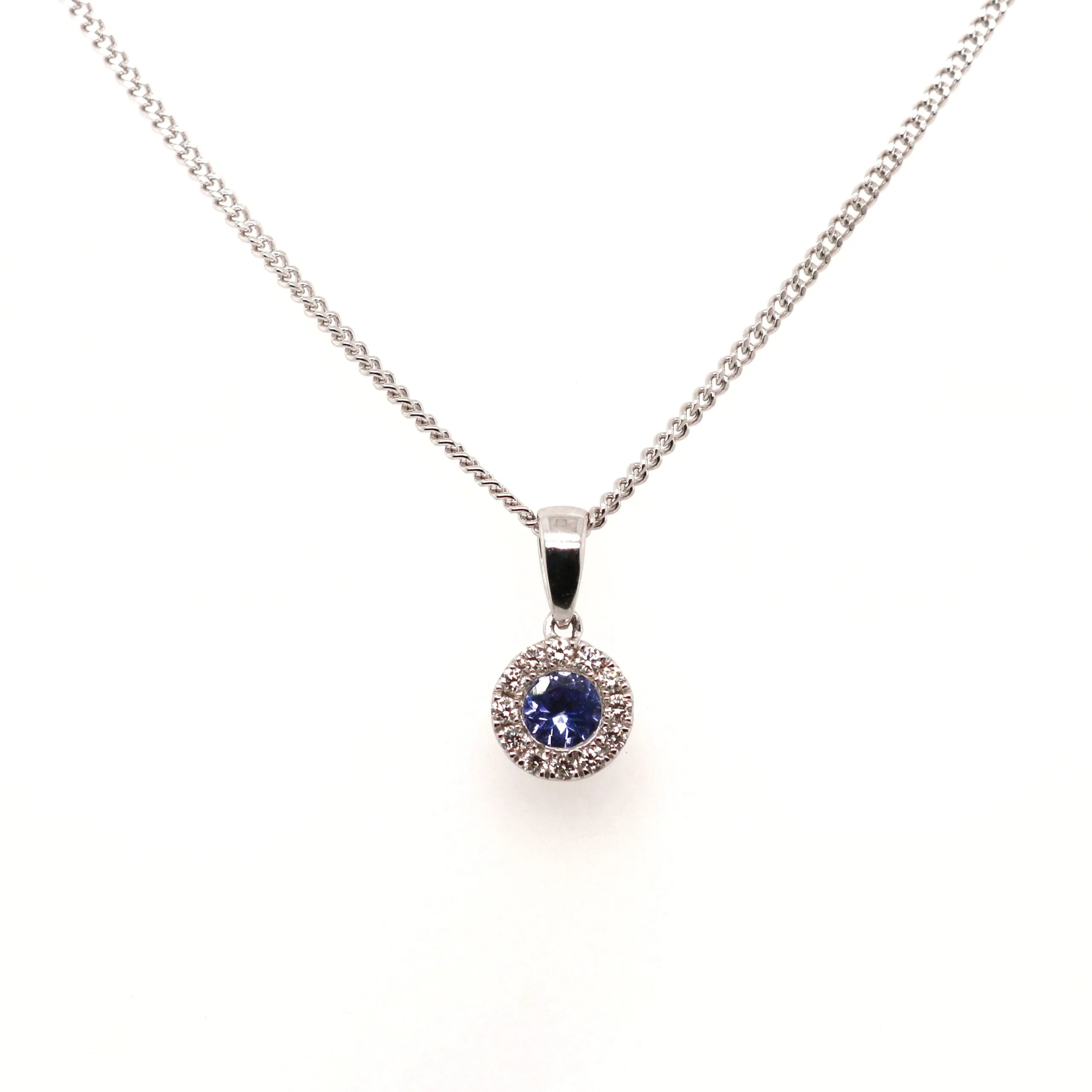 18ct White Gold Round Brilliant Cut Tanzanite and Diamond Halo Necklace