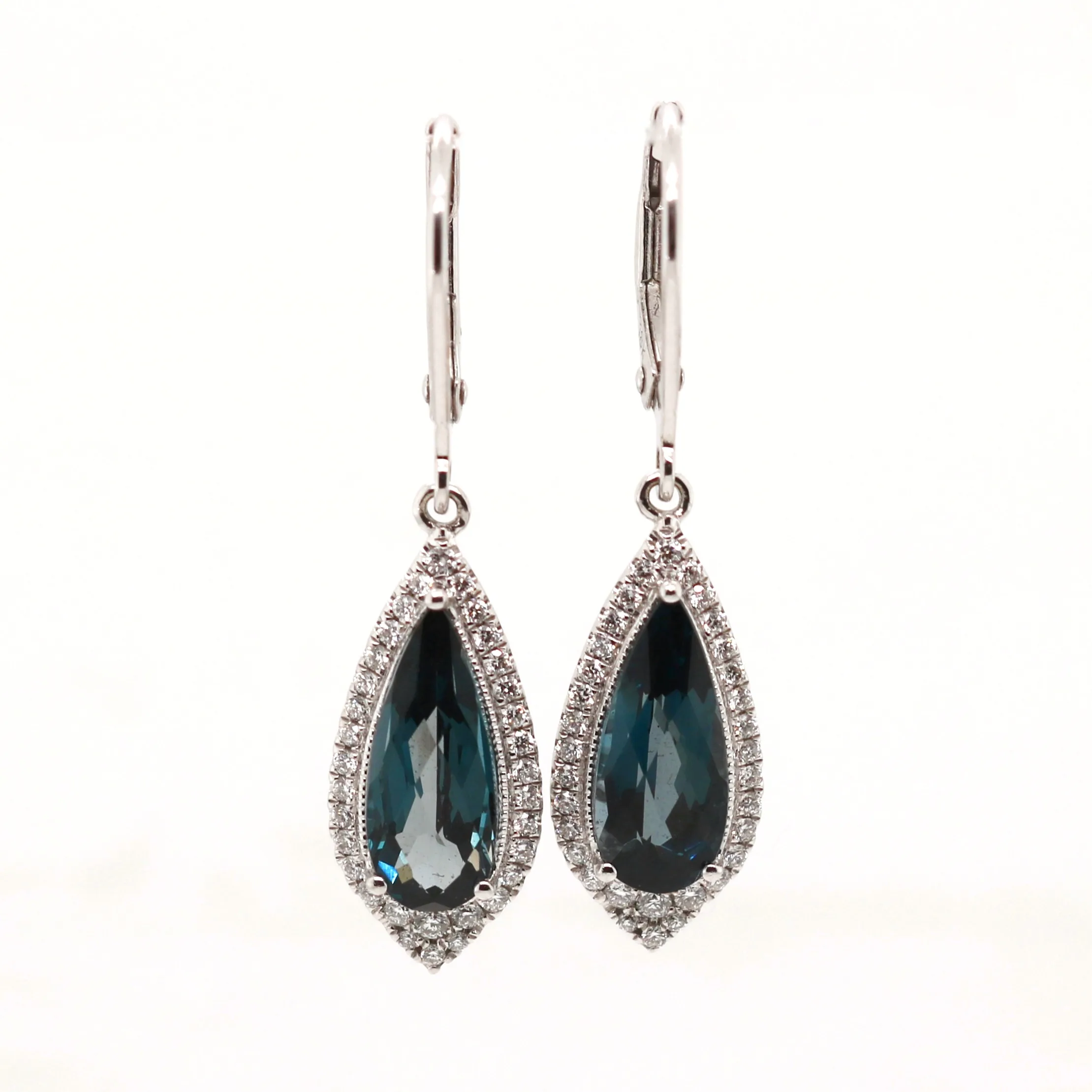 18ct White Gold 3.91ct Mixed Cut London Blue Topaz and Diamond Drop Earrings