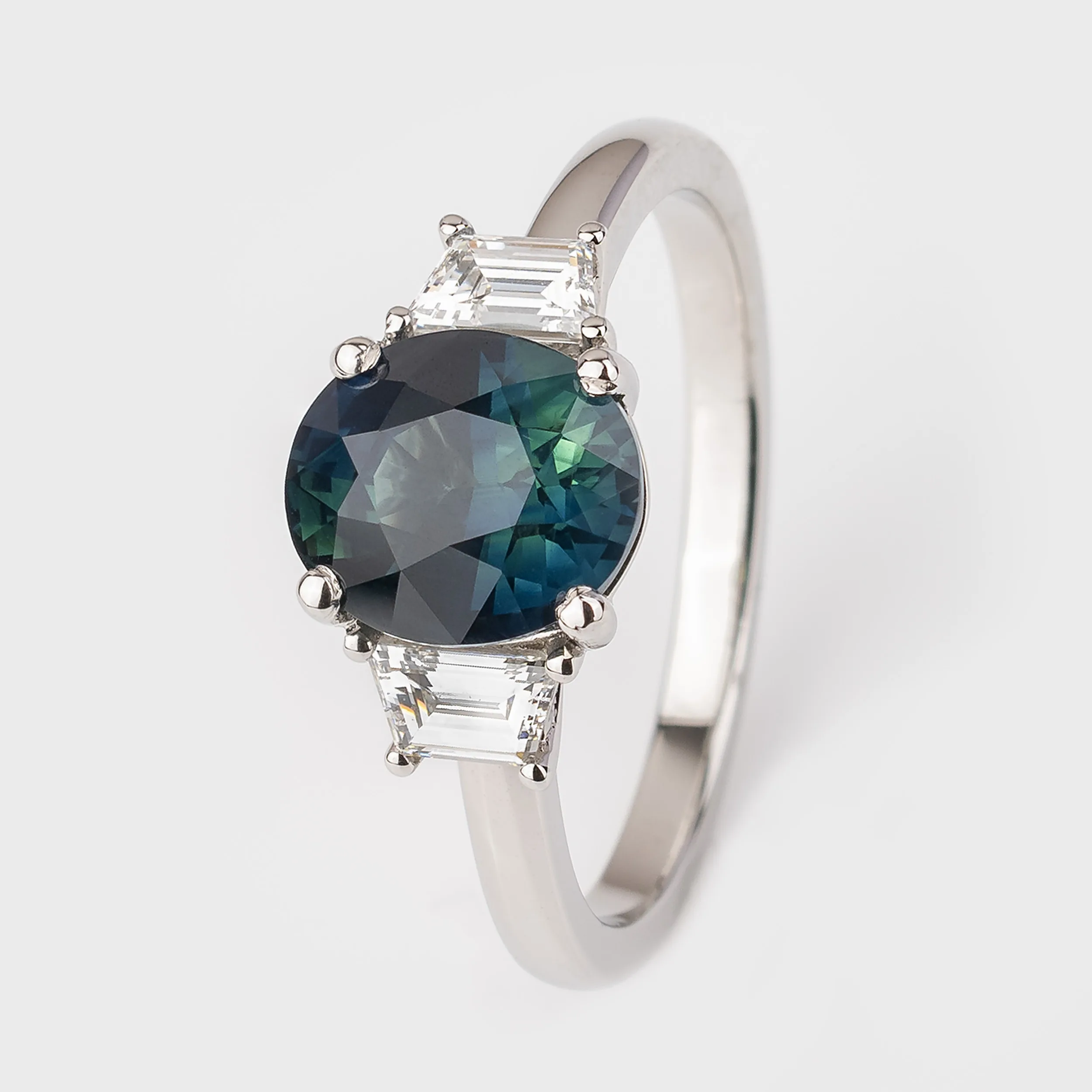 Platinum 2.97ct Mixed Cut Teal Sapphire and Diamond Trilogy Ring