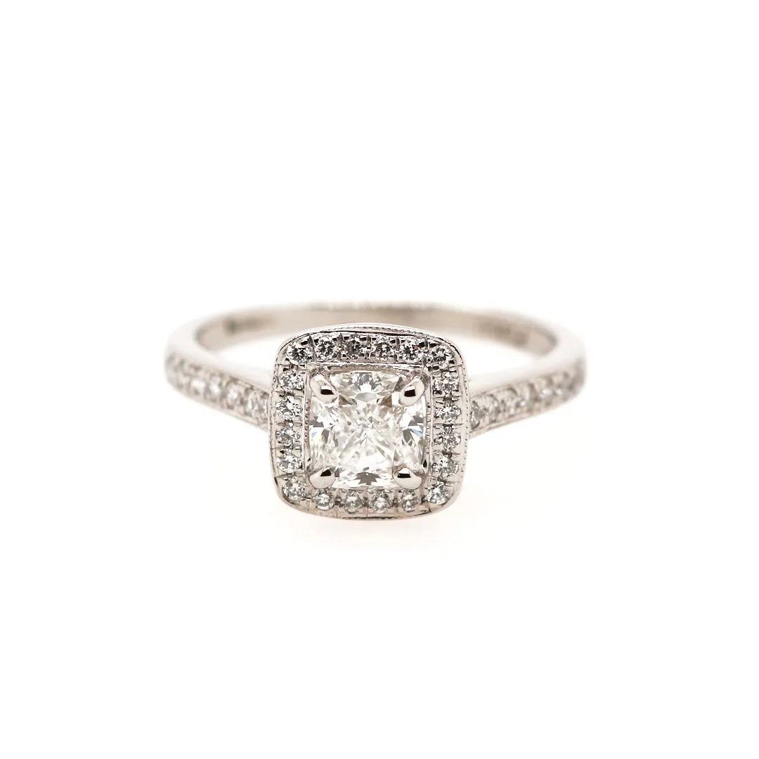 Pre-owned Platinum 0.71ct Cushion Cut Diamond Halo Ring