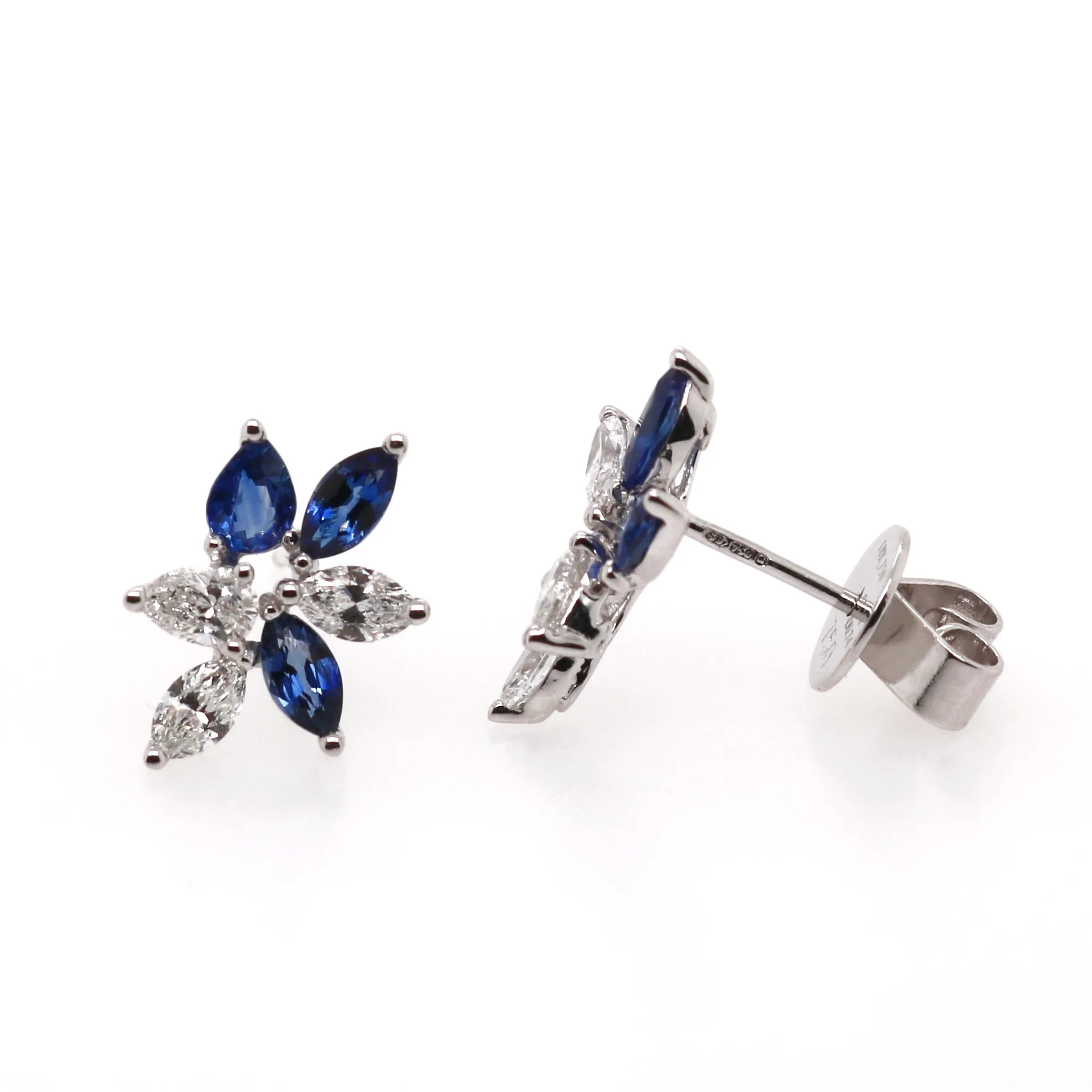 18ct White Gold 1.85ct Mixed Cut Sapphire and Diamond Cluster Earrings