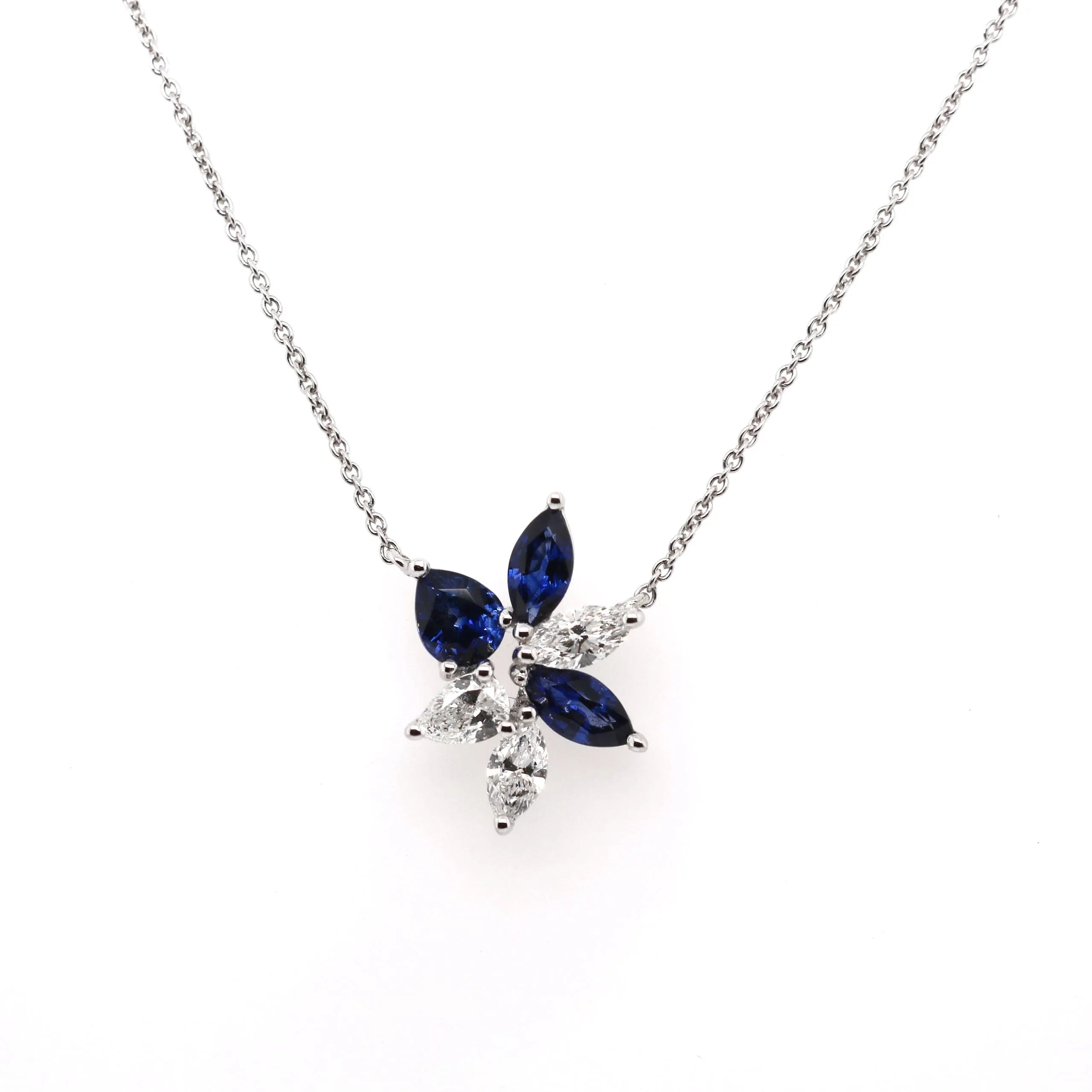 18ct White Gold 1.37ct Mixed Cut Sapphire and Diamond Cluster Necklace