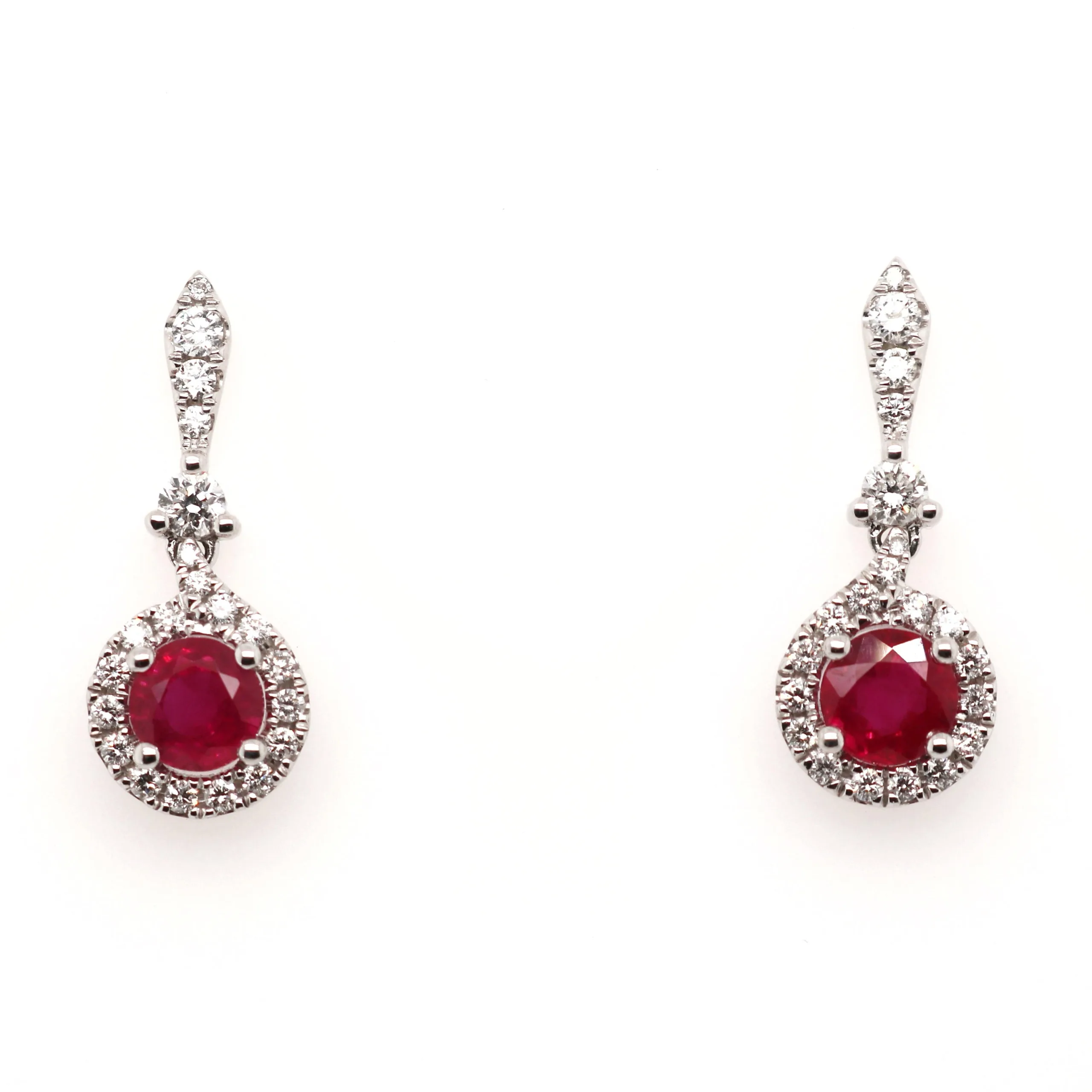 18ct White Gold 1.76ct Round Brilliant Cut Ruby and Diamond Drop Earrings