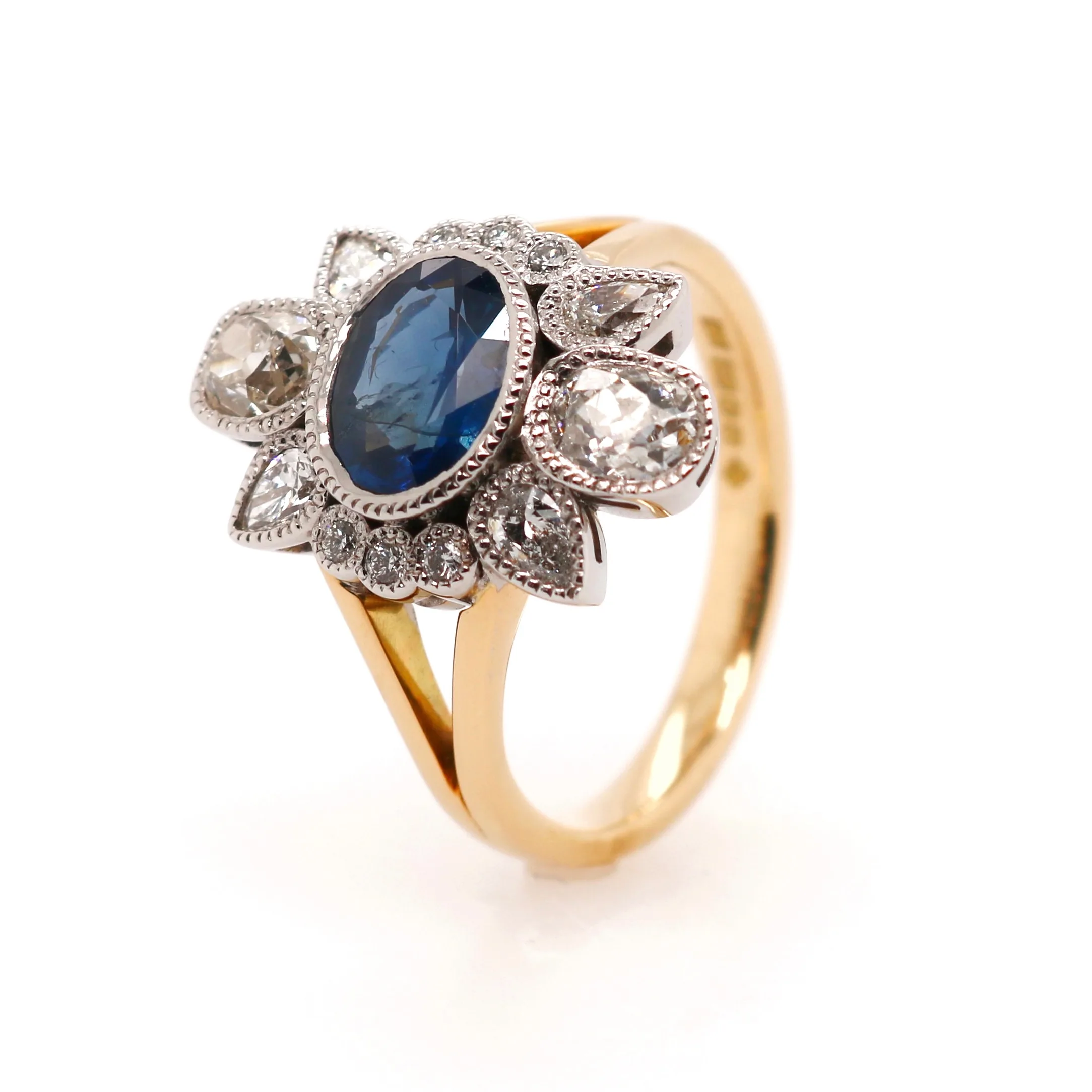18ct Yellow Gold 1.93ct Mixed Cut Sapphire and Diamond Cluster Ring