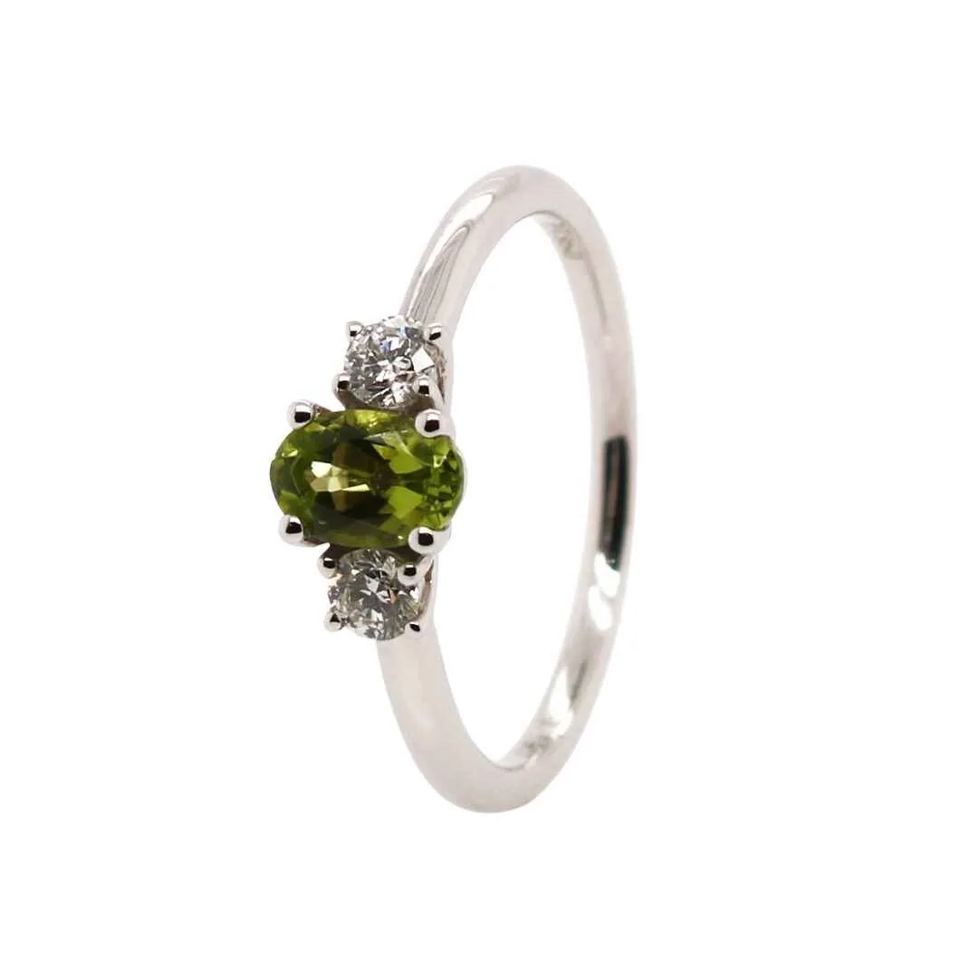 Platinum 0.71ct Mixed Cut Peridot and Diamond Trilogy Ring