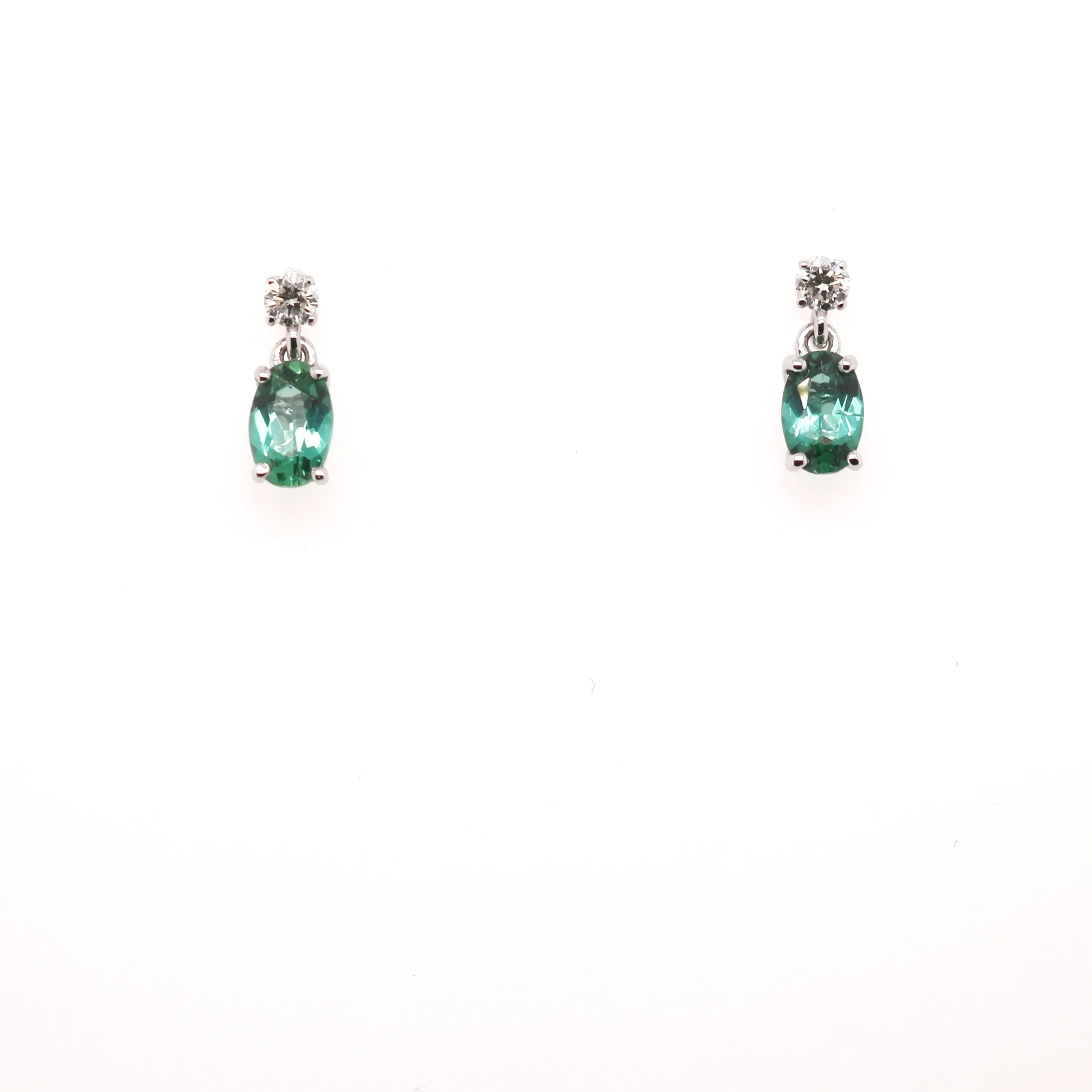 18ct White Gold 0.95ct Mixed Cut Teal Tourmaline and Diamond Drop Earrings