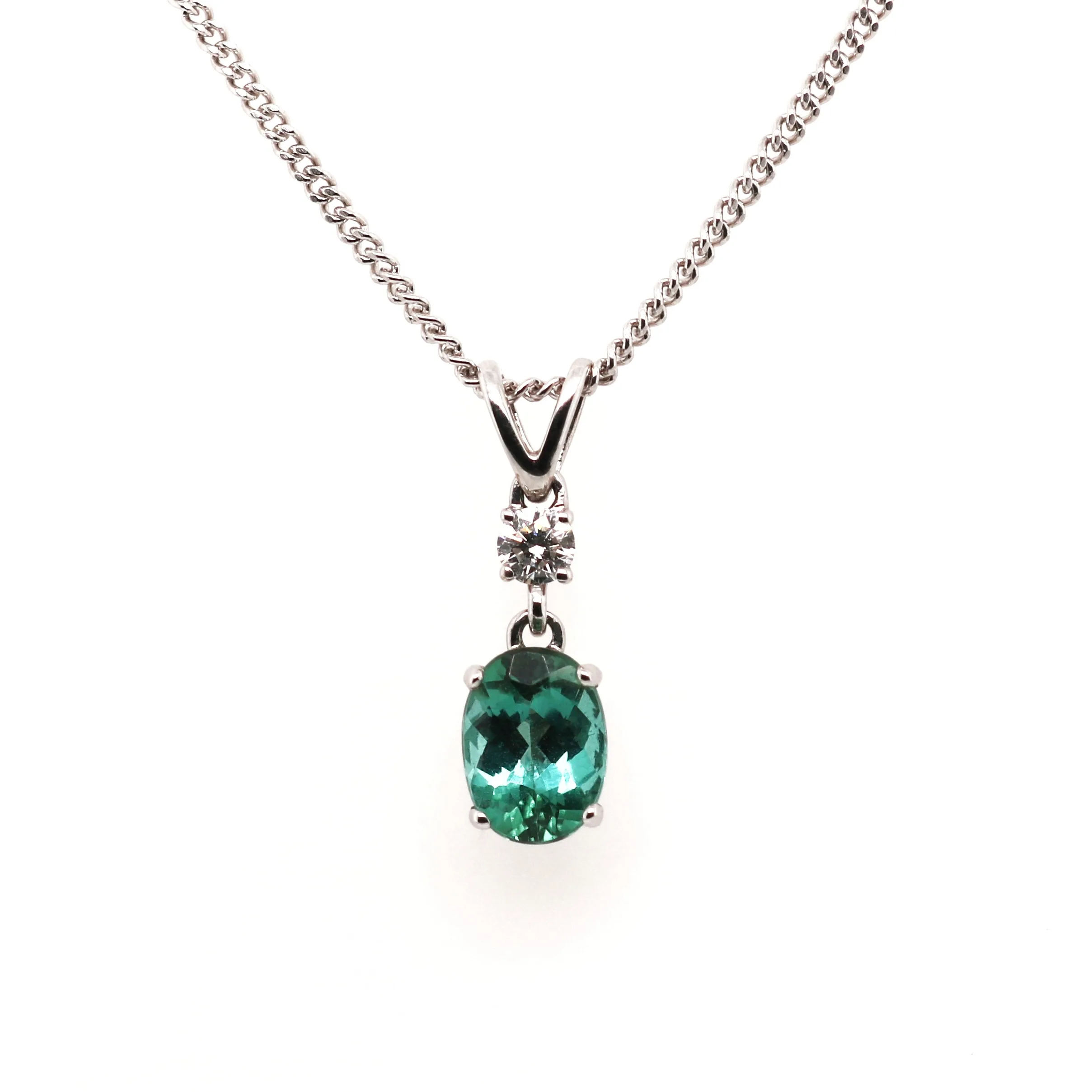 18ct White Gold 0.84ct Mixed Cut Teal Tourmaline and Diamond Necklace