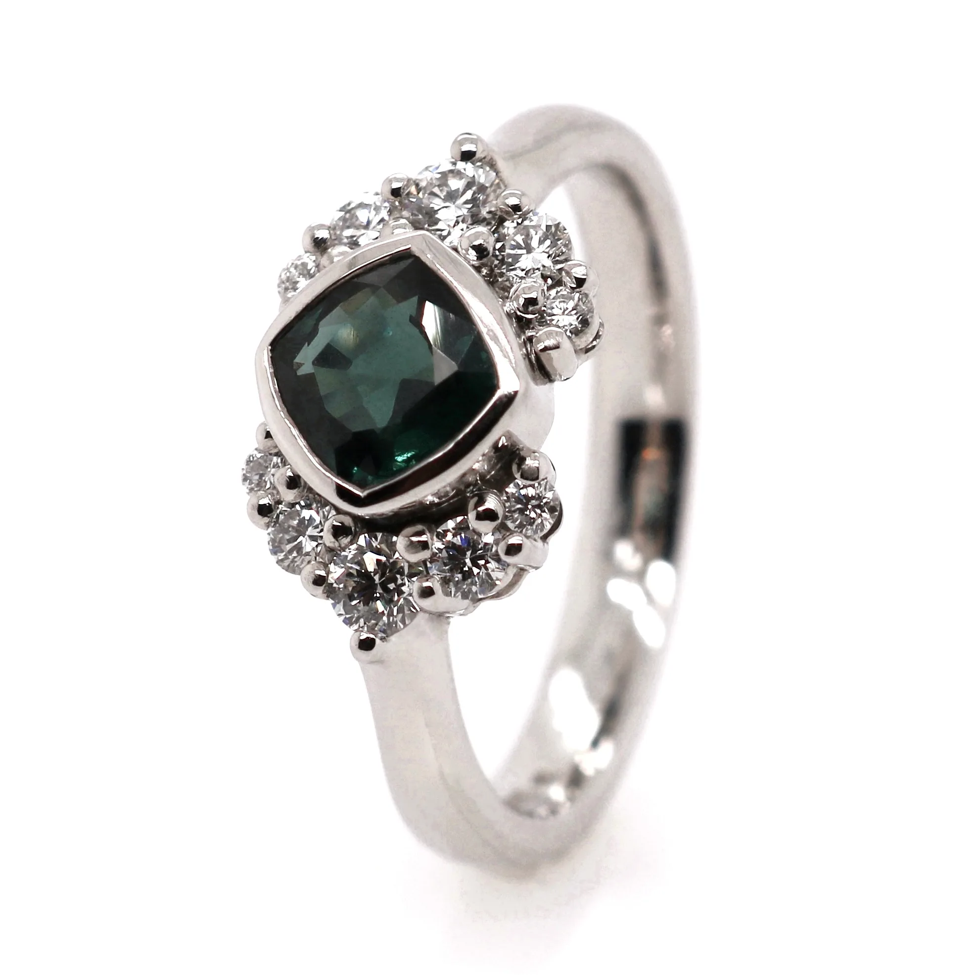 Platinum 1.09ct Mixed Cut Teal Sapphire and Diamond Cluster Ring
