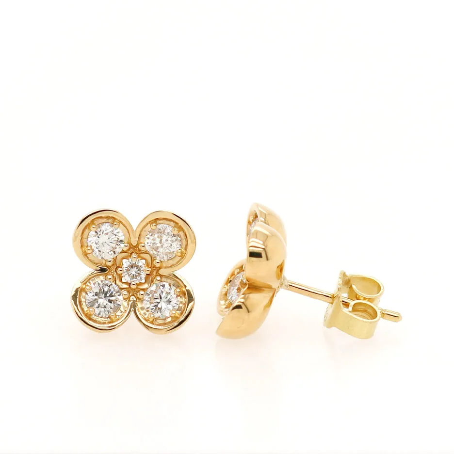 18ct Yellow Gold 1.00ct Round Brilliant Cut Diamond Clover Studs