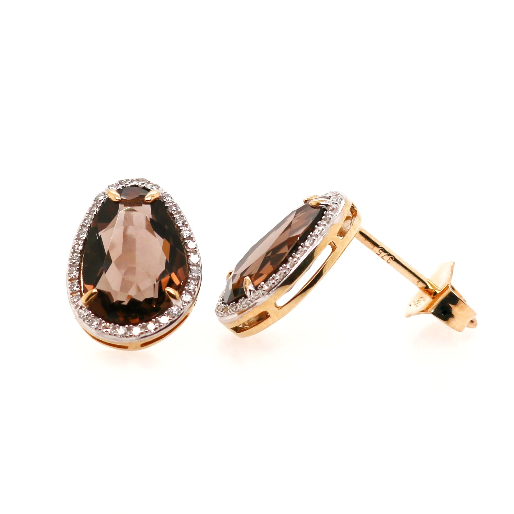 Pre-owned 9ct Yellow Gold Mixed Cut Smokey Quartz and Diamond Studs