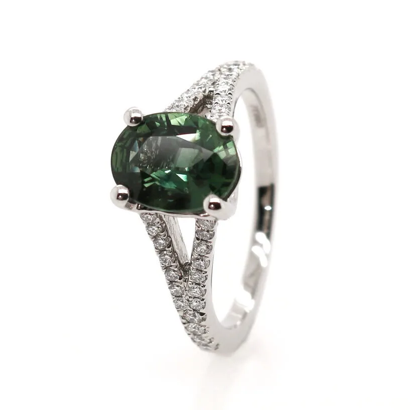 Platinum 2.15ct Mixed Cut Teal Sapphire and Diamond Solitaire Ring