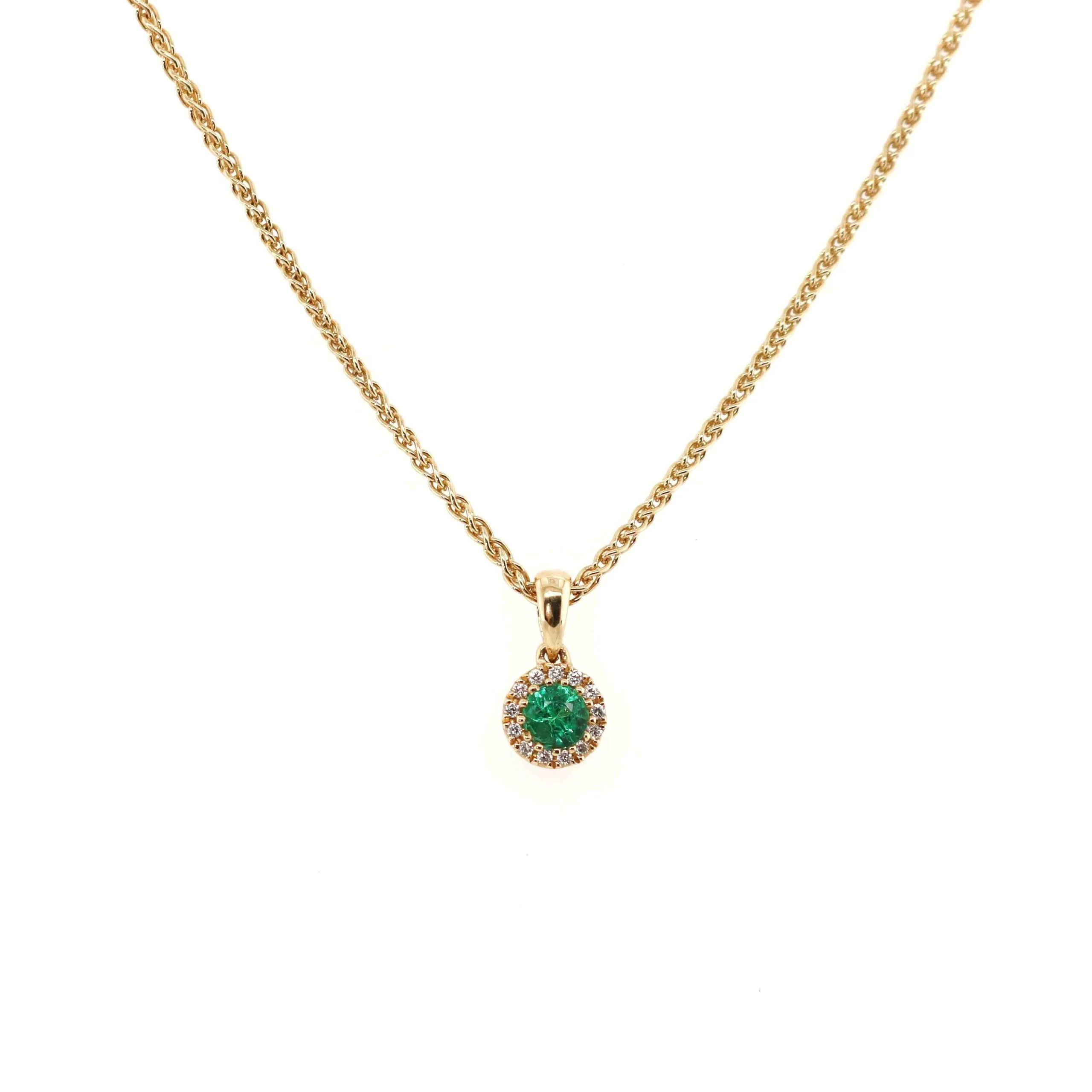 18ct Yellow Gold 0.21ct Round Brilliant Cut Emerald and Diamond Halo Pendant