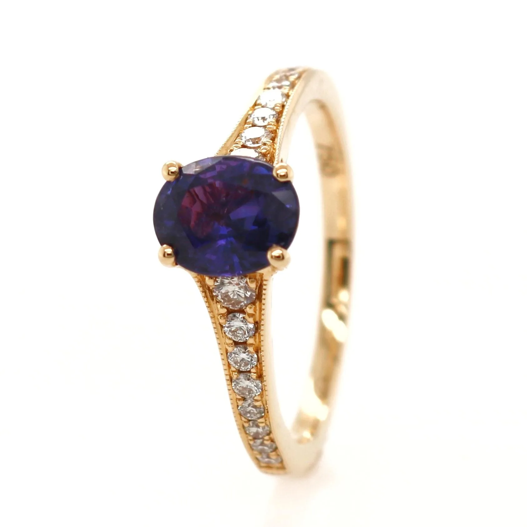18ct Yellow Gold 1.27ct Mixed Cut Purple Sapphire and Diamond Solitaire Ring