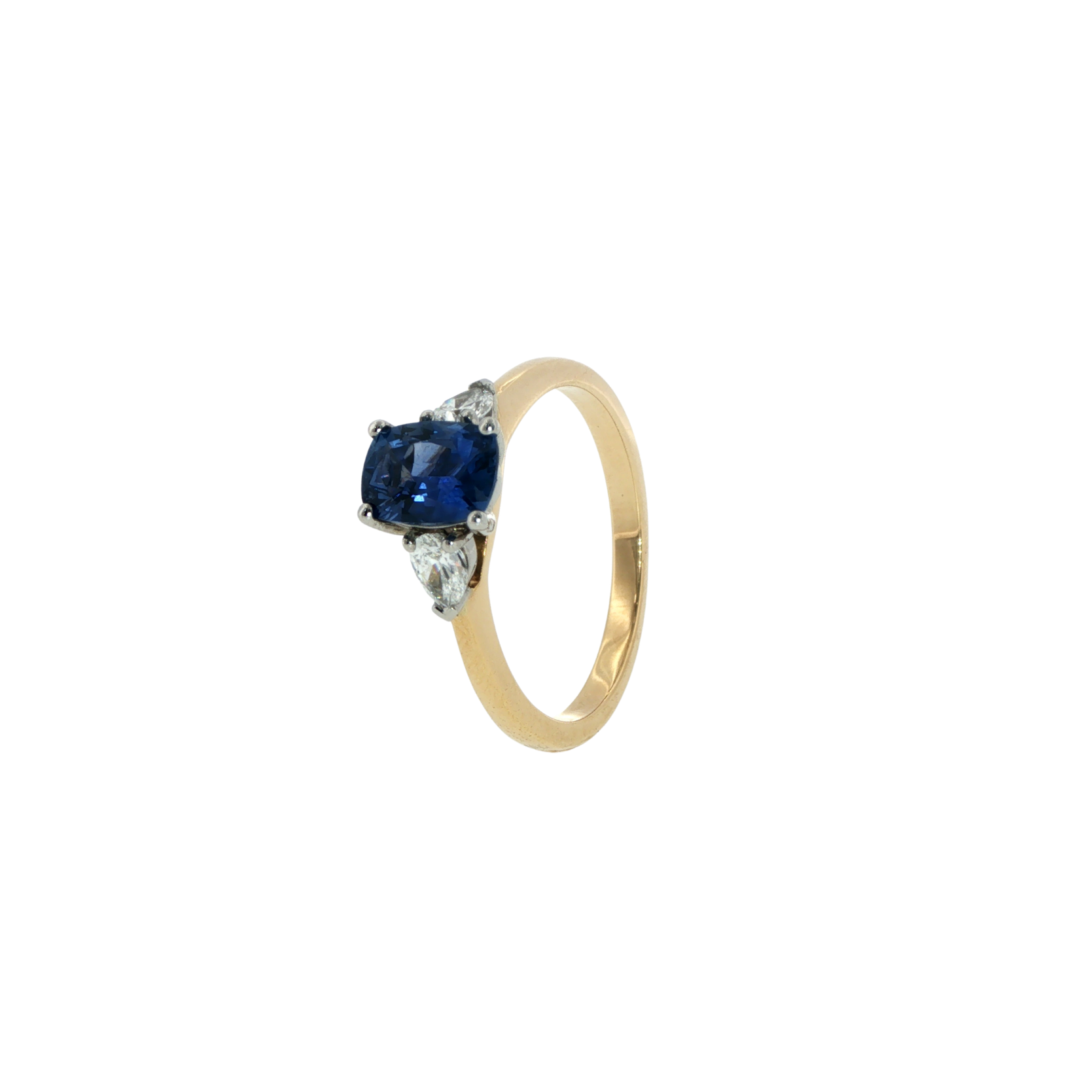 18ct yellow gold and platinum 1.23ct cushion cut sapphire and diamond trilogy ring - Image 3