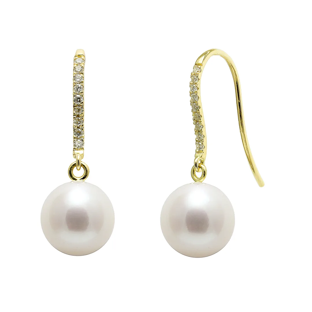 18ct Yellow Gold 8-8.5mm Freshwater Pearl and Diamond Drop Earrings