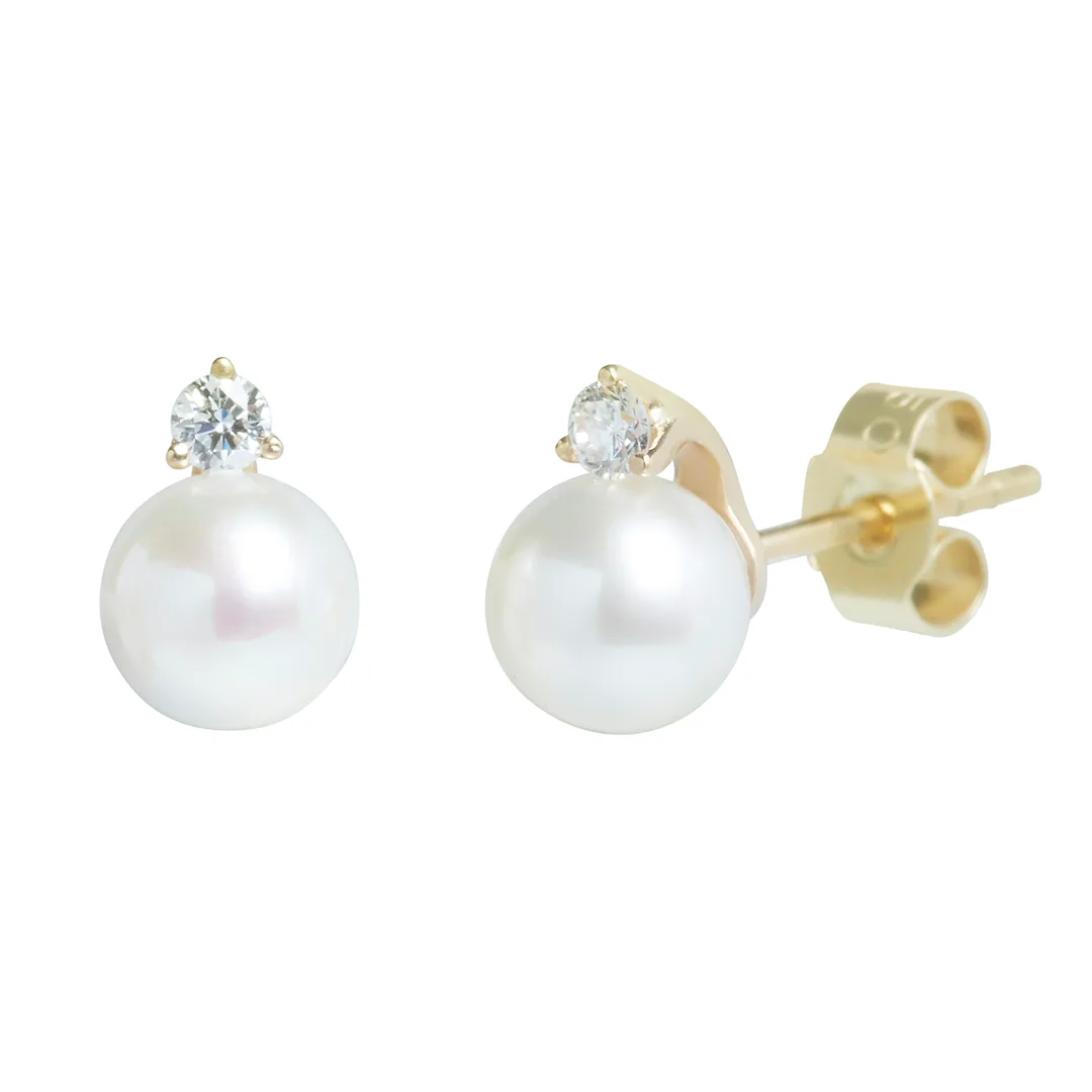 18ct Yellow Gold 6-6.5mm Freshwater Pearl and Diamond Earrings