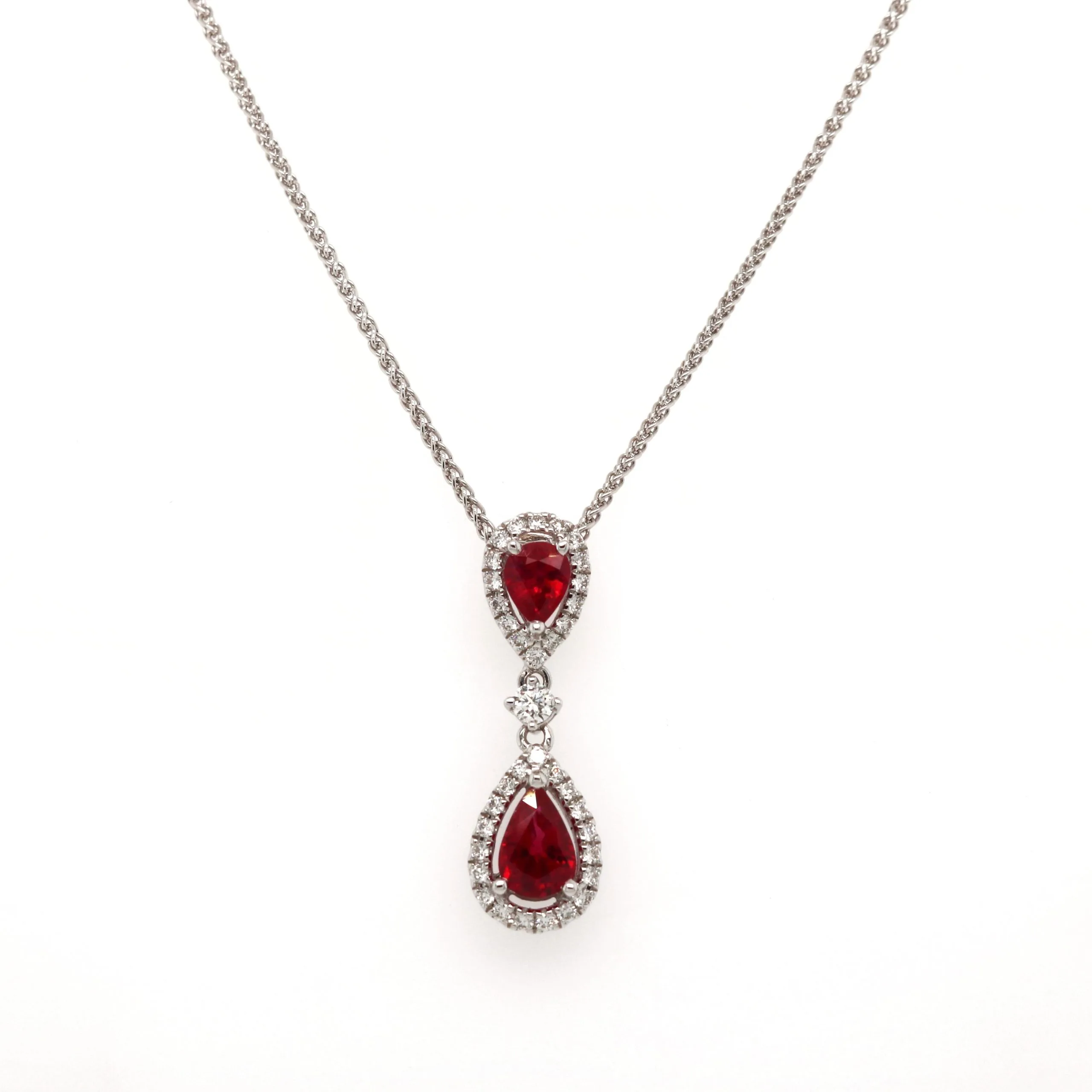 18ct White Gold 0.89ct Mixed Cut Ruby and Diamond Drop Cluster Necklace