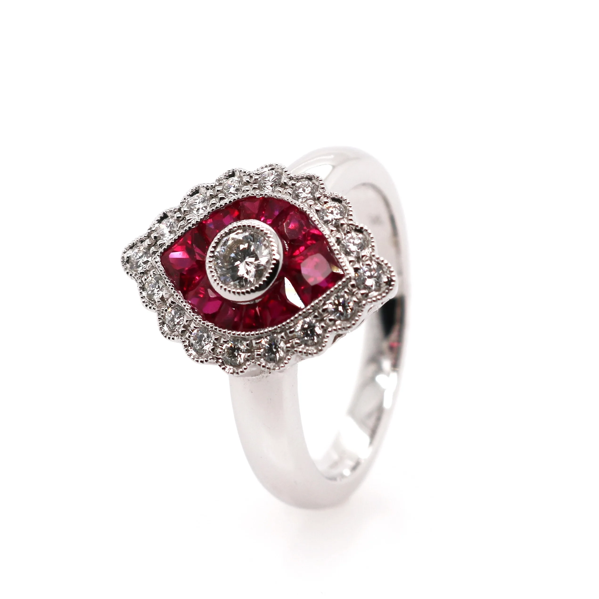 18ct White Gold 1.36ct Mixed Cut Ruby and Diamond Target Ring