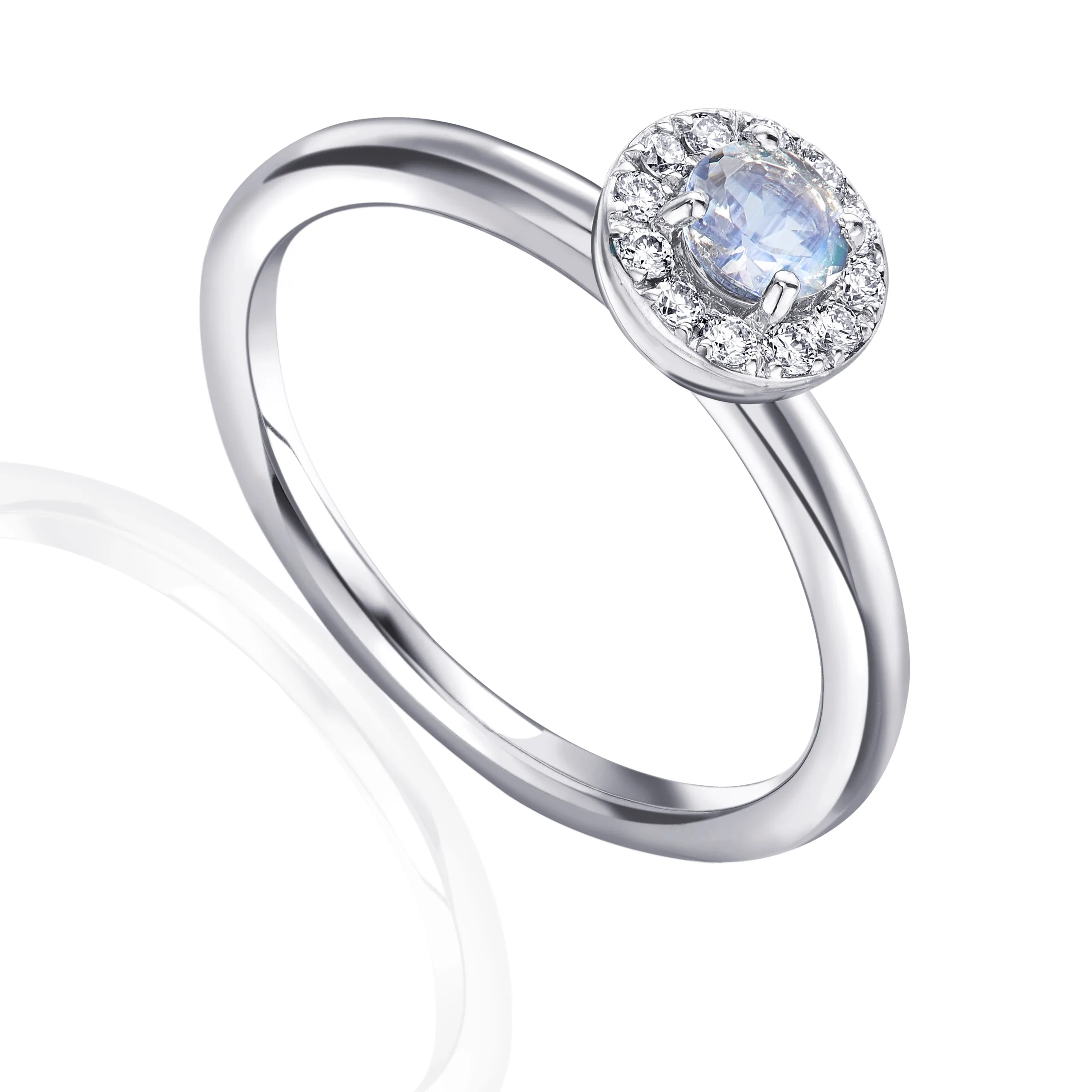 18ct White Gold 0.28ct Round Brilliant Cut Moonstone and Diamond Halo Ring