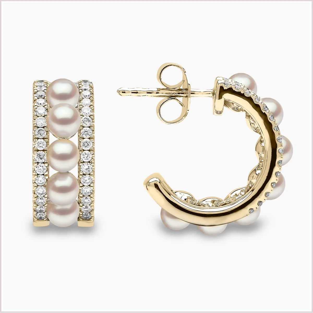 18ct Yellow Gold 3-3.5mm Akoya Pearl and Diamond Hoop Earrings