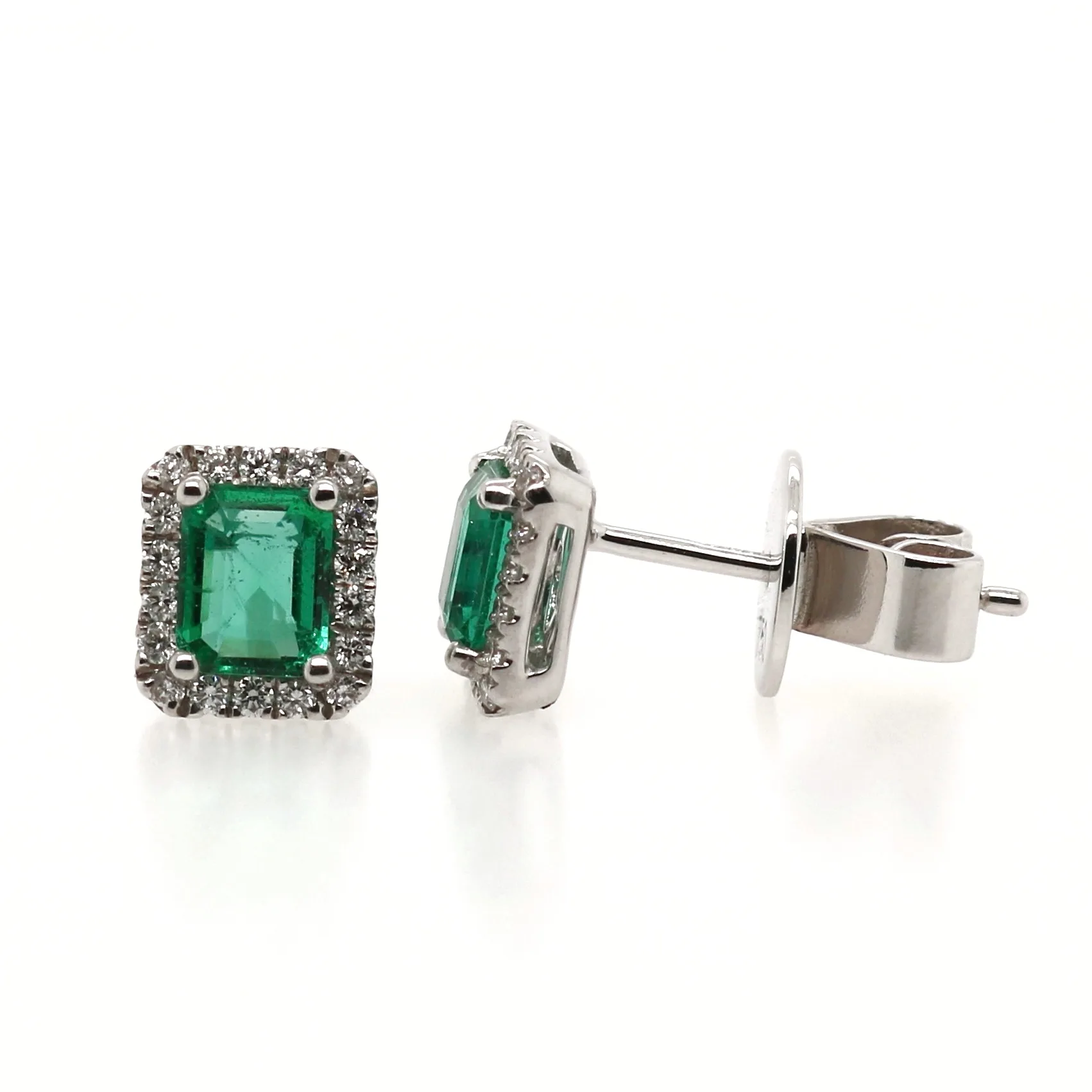 18ct White Gold 0.87ct Mixed Cut Emerald and Diamond Halo Earrings